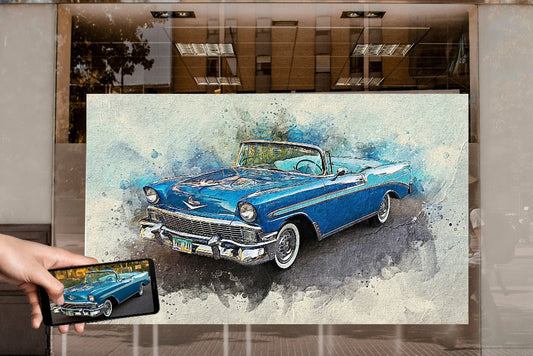 Custom car photo painting displayed on a canvas, perfect for car lovers and home decor