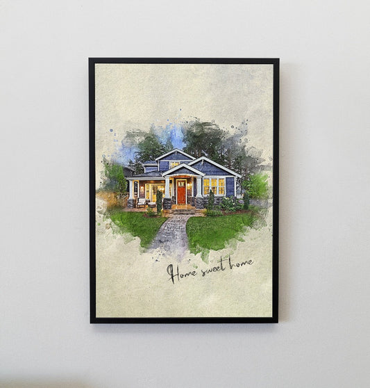 "Personalized house photo painting displayed on a modern living room wall."
