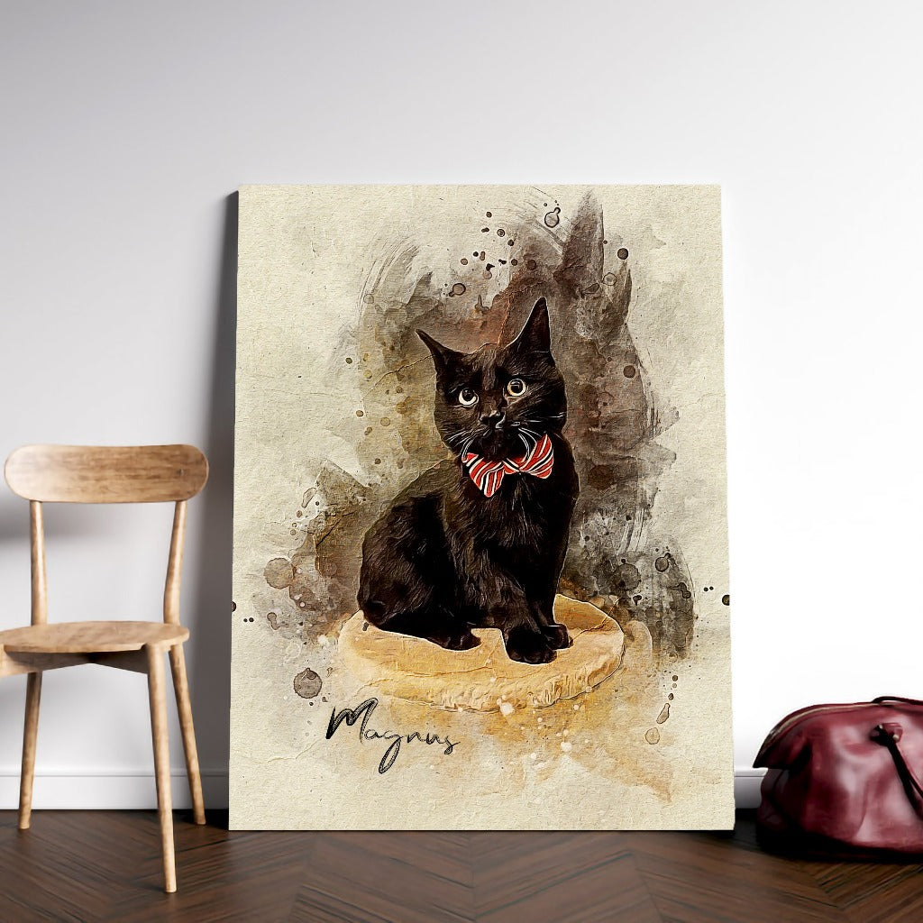 "Custom cat portrait on canvas, ready to hang and enhance any living space"
